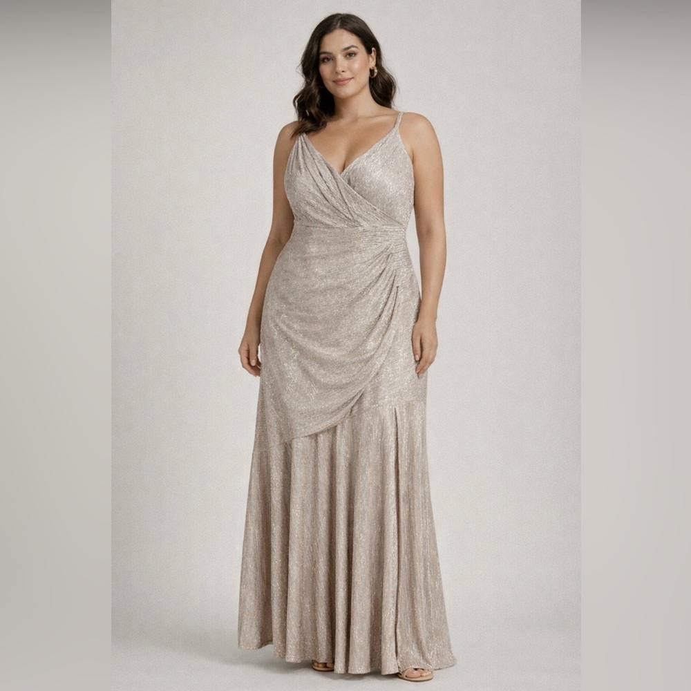 Nightway Gold Metallic Ruched Maxi Dress Size 16W NWT